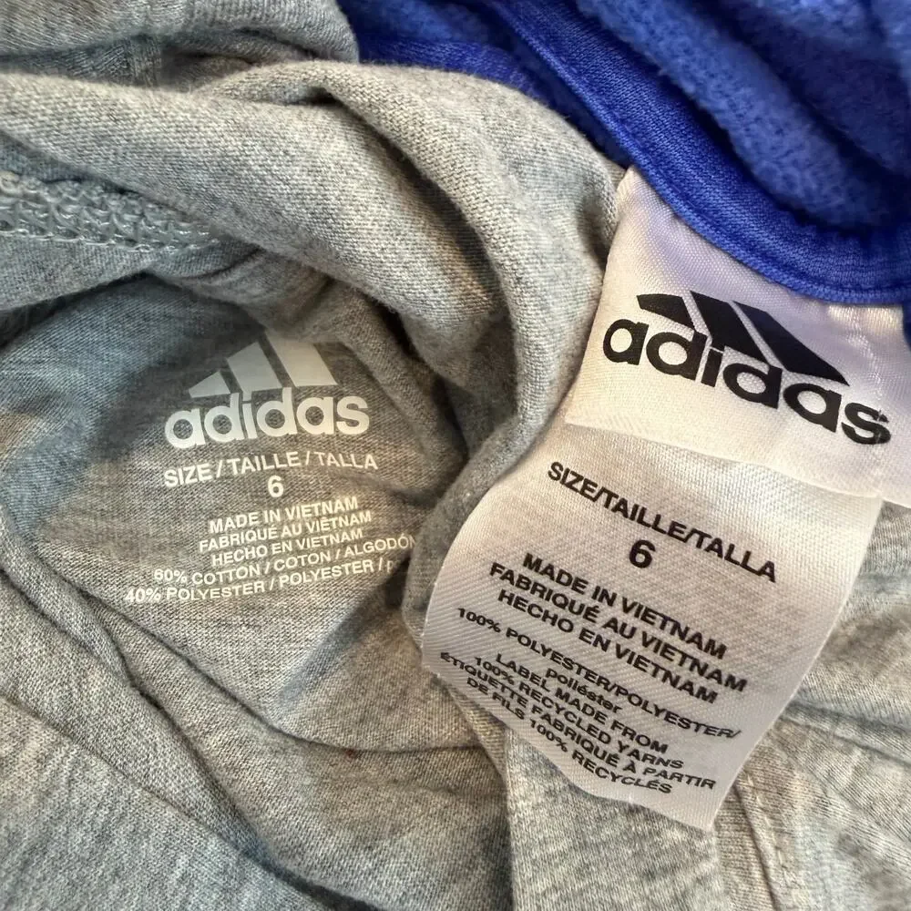 2x Adidas Boys Blue Logo Hoodie Sweatshirt Long Sleeve Hooded Logo Tee gray